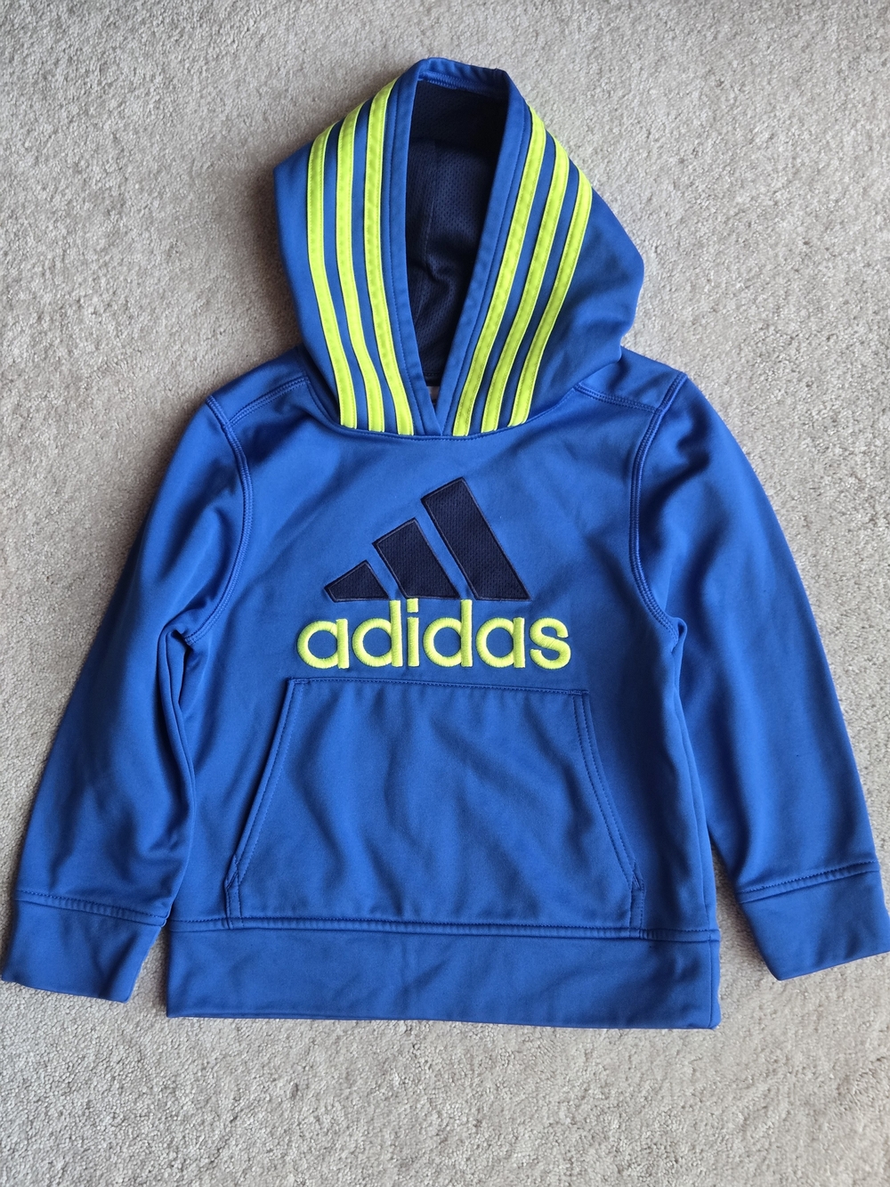 adidas Bright Blue Kids Hoodie with Neon Yellow Stripes